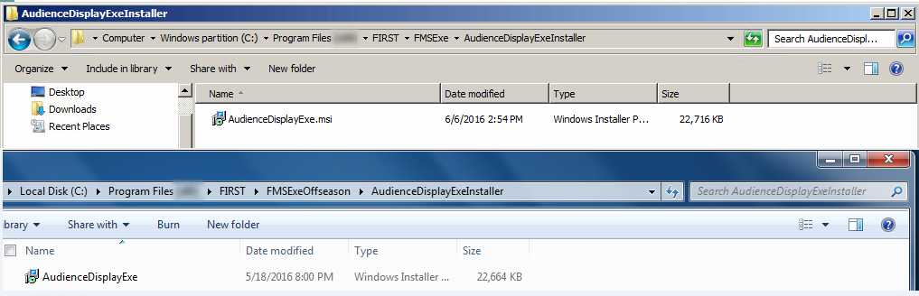 Two copies of Windows Explorer opened to the location of the Audience Display installer. One is opened to the off season installer.